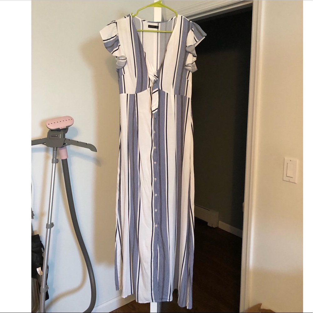 White light blue and navy striped maxi dress